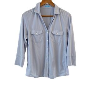 J. McLaughlin Womens Jersey Button Up Top Size L Classic Blue Stretch 3/4 Sleeve